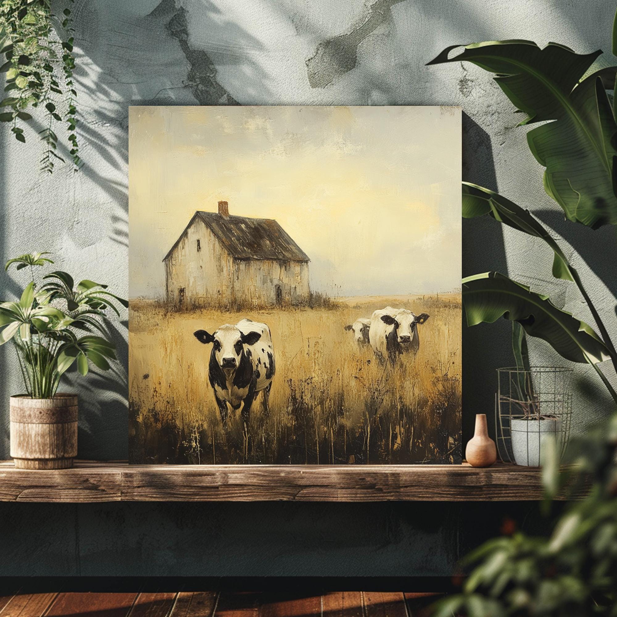Rustic Farmhouse Canvas Wall Art, Vintage Country Scene, Cows And Barn Decor, Nature Inspired Home Accent, Farmhouse Style Wall Hanging
