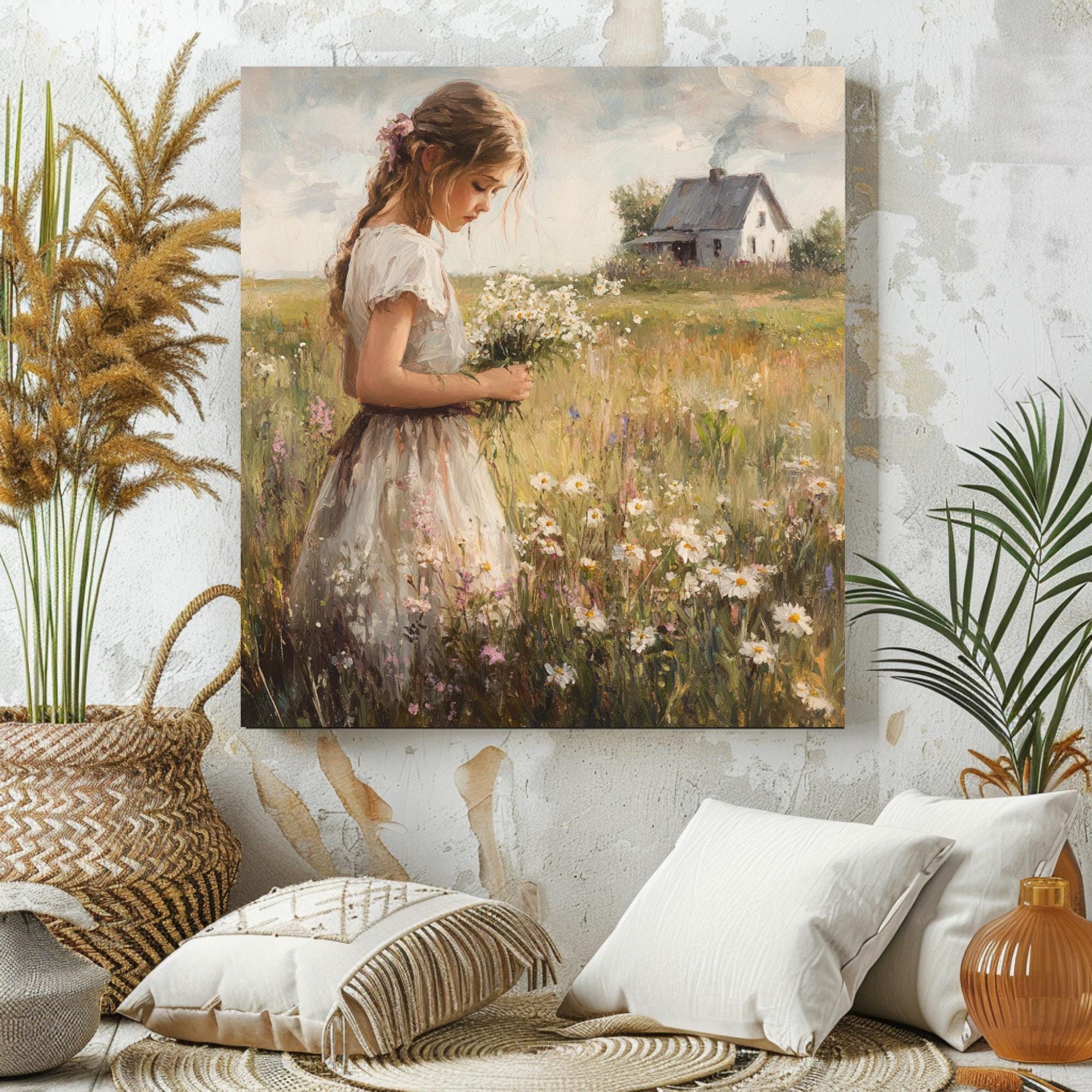 Country Girl Canvas Wall Art, Flower Field Canvas Print, Vintage Farmhouse Art for Home, Rustic Cottagecore Home Decor