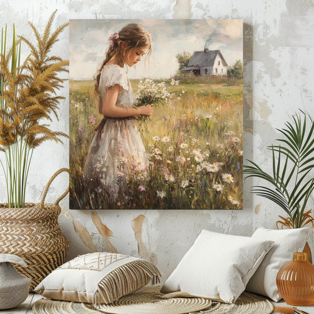 Country Girl Canvas Wall Art, Flower Field Canvas Print, Vintage Farmhouse Art for Home, Rustic Cottagecore Home Decor