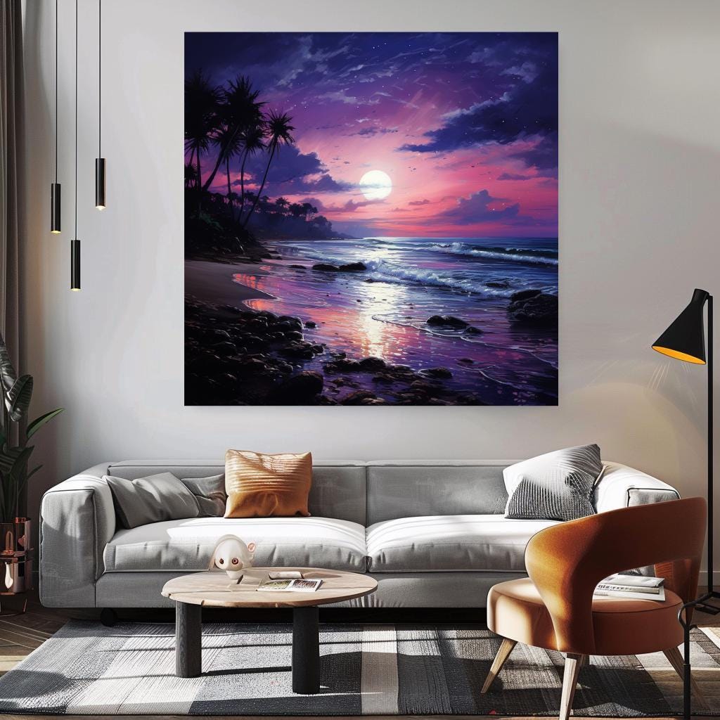 Indigo Sea Canvas Wall Art, Coastal Ocean Print, Purple Sky Seascape Poster, Large Beach Canvas, Framed Wall Art Home Decor, Ready To Hang