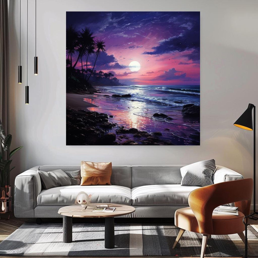 Indigo Sea Canvas Wall Art, Coastal Ocean Print, Purple Sky Seascape Poster, Large Beach Canvas, Framed Wall Art Home Decor, Ready To Hang