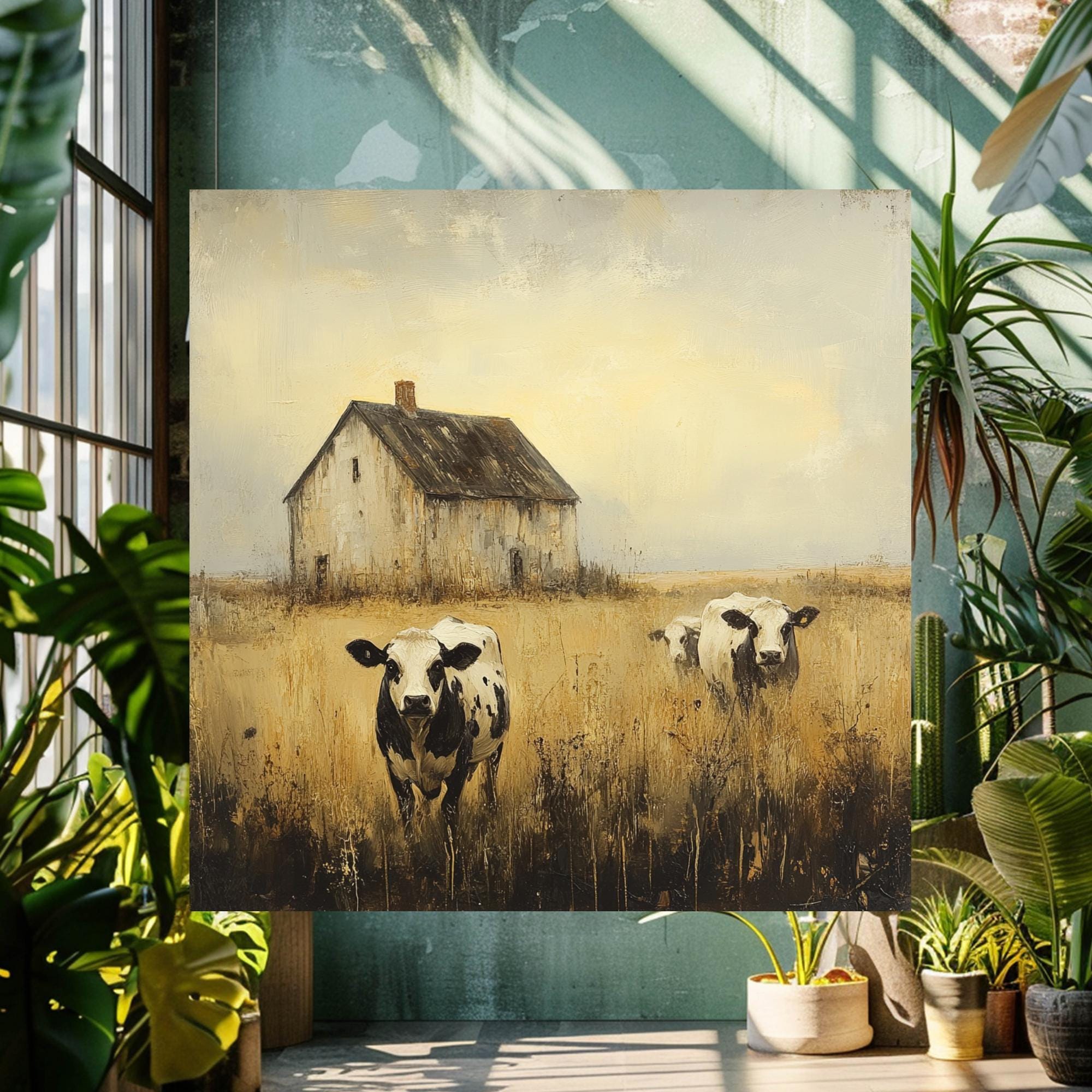 Rustic Farmhouse Canvas Wall Art, Vintage Country Scene, Cows And Barn Decor, Nature Inspired Home Accent, Farmhouse Style Wall Hanging