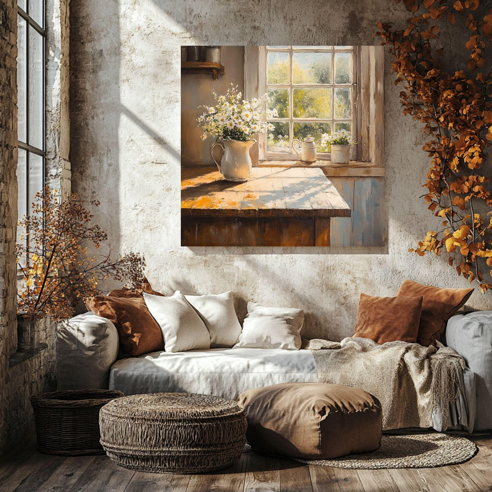 Rustic Farmhouse Kitchen Canvas Art, Sunlit Farmhouse Decor, Country Kitchen Scene, Rustic Kitchen Canvas, White Daisies Watercolor Art