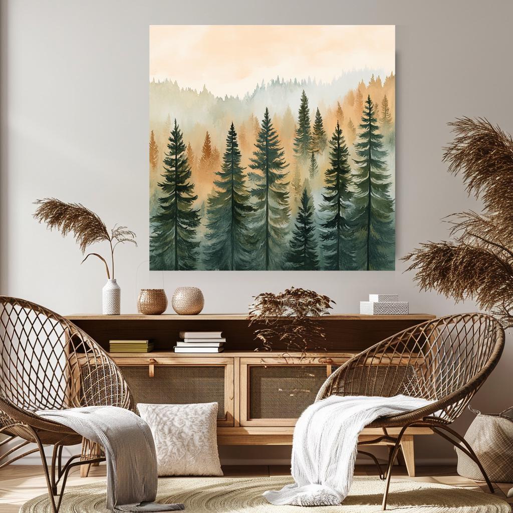 Evergreen Forest Art Canvas, Boho Wall Art, Pine Trees Wall Art, Living Room Decor, Forest Wall Art, Housewarming Gift, Woodland Wall Art
