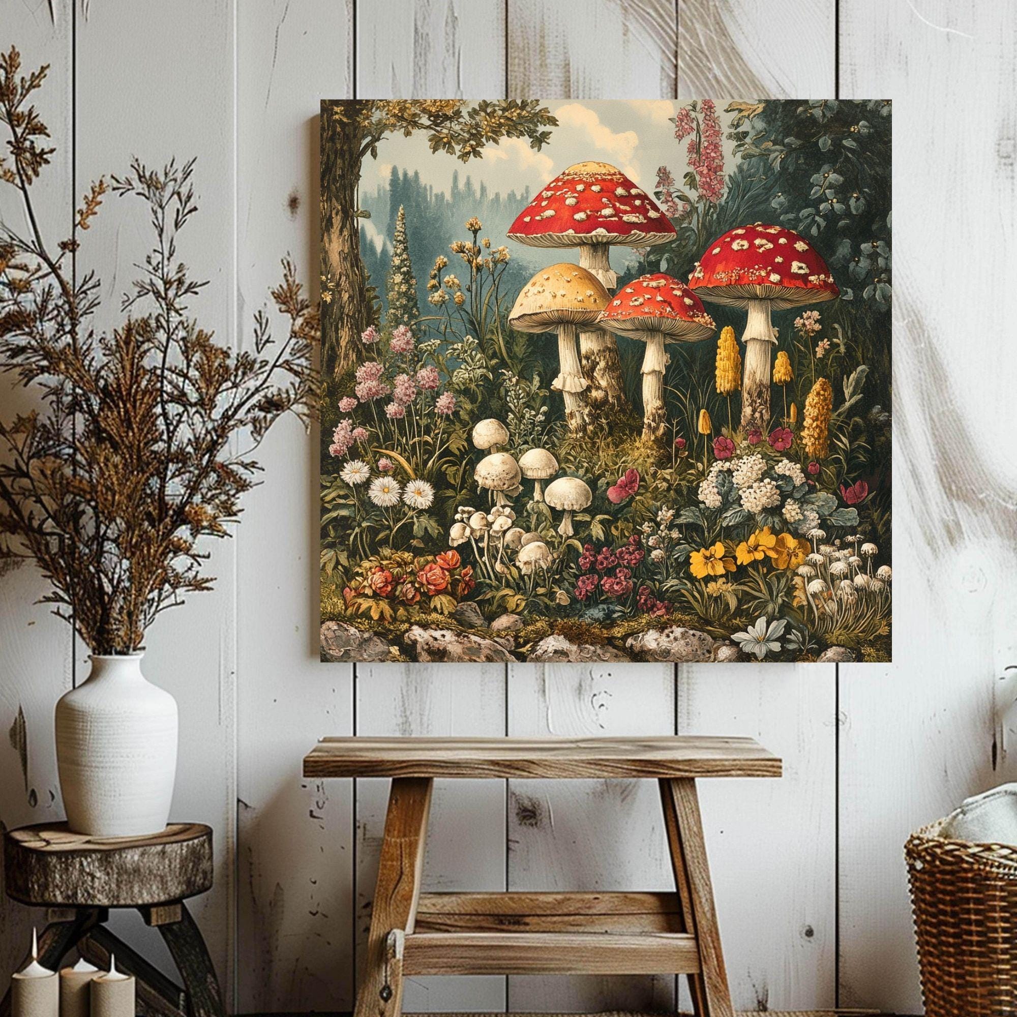 Vintage Mushroom Canvas Wall Art, Mushrooms in Forest Print, Cottagecore Home Decor Painting