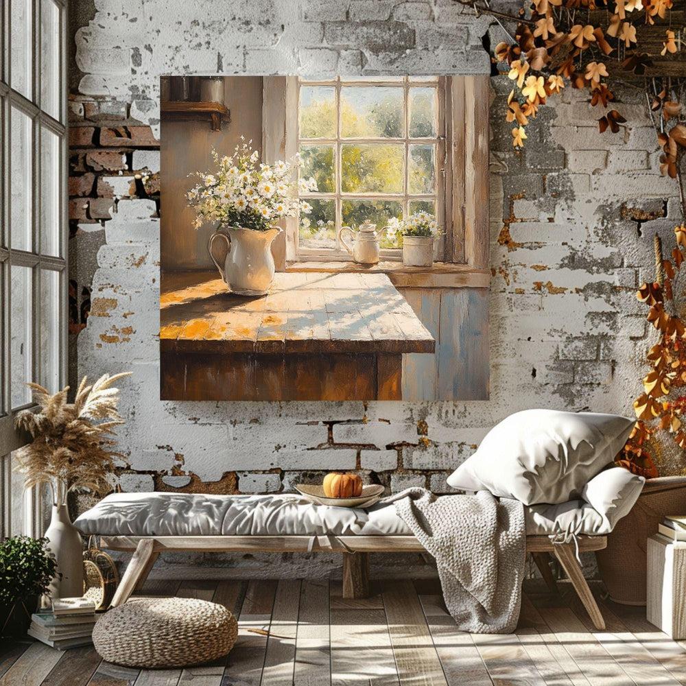 Rustic Farmhouse Kitchen Canvas Art, Sunlit Farmhouse Decor, Country Kitchen Scene, Rustic Kitchen Canvas, White Daisies Watercolor Art