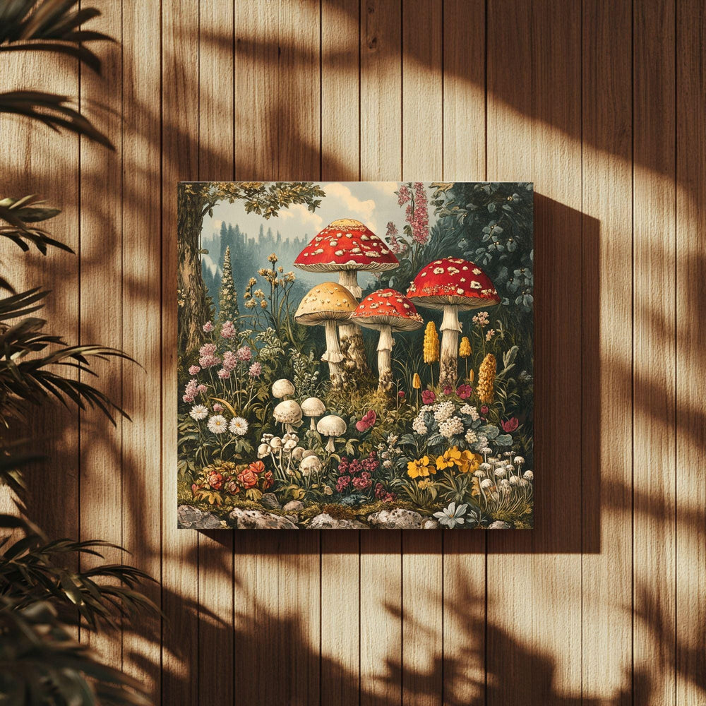 Vintage Mushroom Canvas Wall Art, Mushrooms in Forest Print, Cottagecore Home Decor Painting