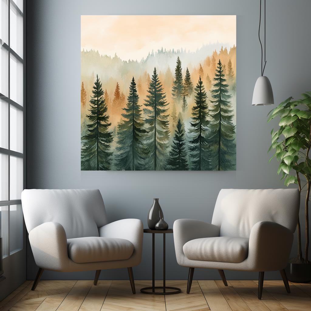 Evergreen Forest Art Canvas, Boho Wall Art, Pine Trees Wall Art, Living Room Decor, Forest Wall Art, Housewarming Gift, Woodland Wall Art