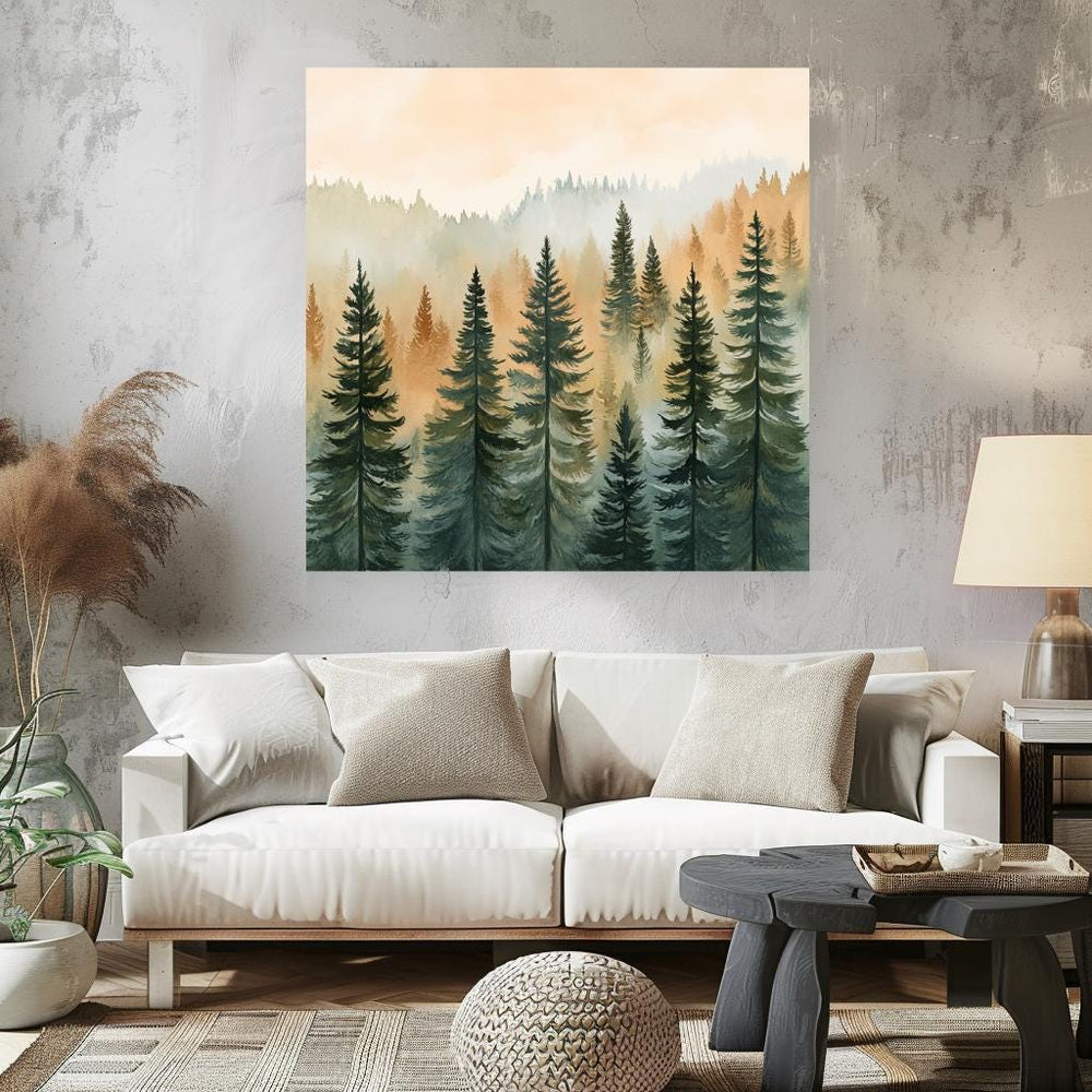 Evergreen Forest Art Canvas, Boho Wall Art, Pine Trees Wall Art, Living Room Decor, Forest Wall Art, Housewarming Gift, Woodland Wall Art