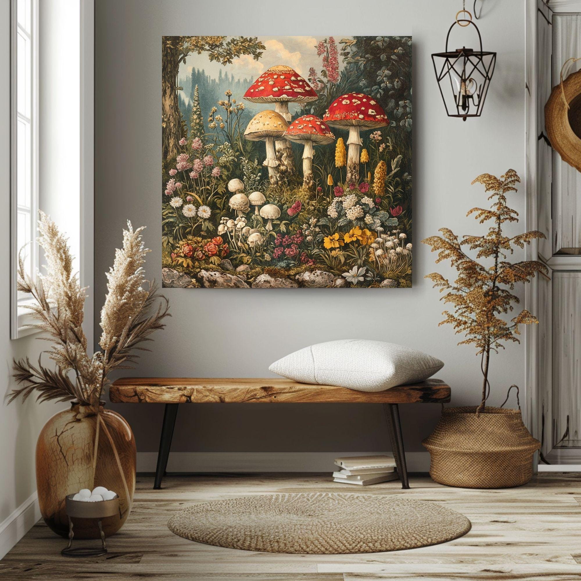 Vintage Mushroom Canvas Wall Art, Mushrooms in Forest Print, Cottagecore Home Decor Painting