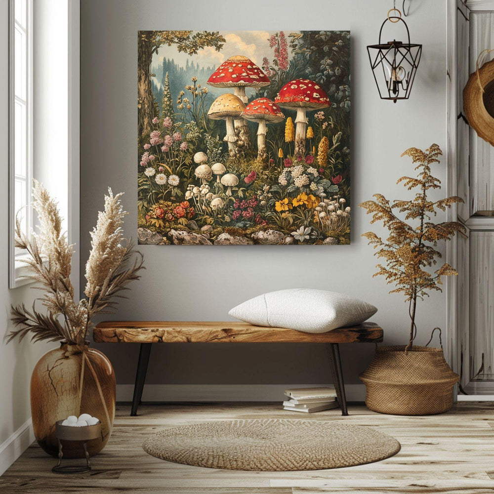 Vintage Mushroom Canvas Wall Art, Mushrooms in Forest Print, Cottagecore Home Decor Painting