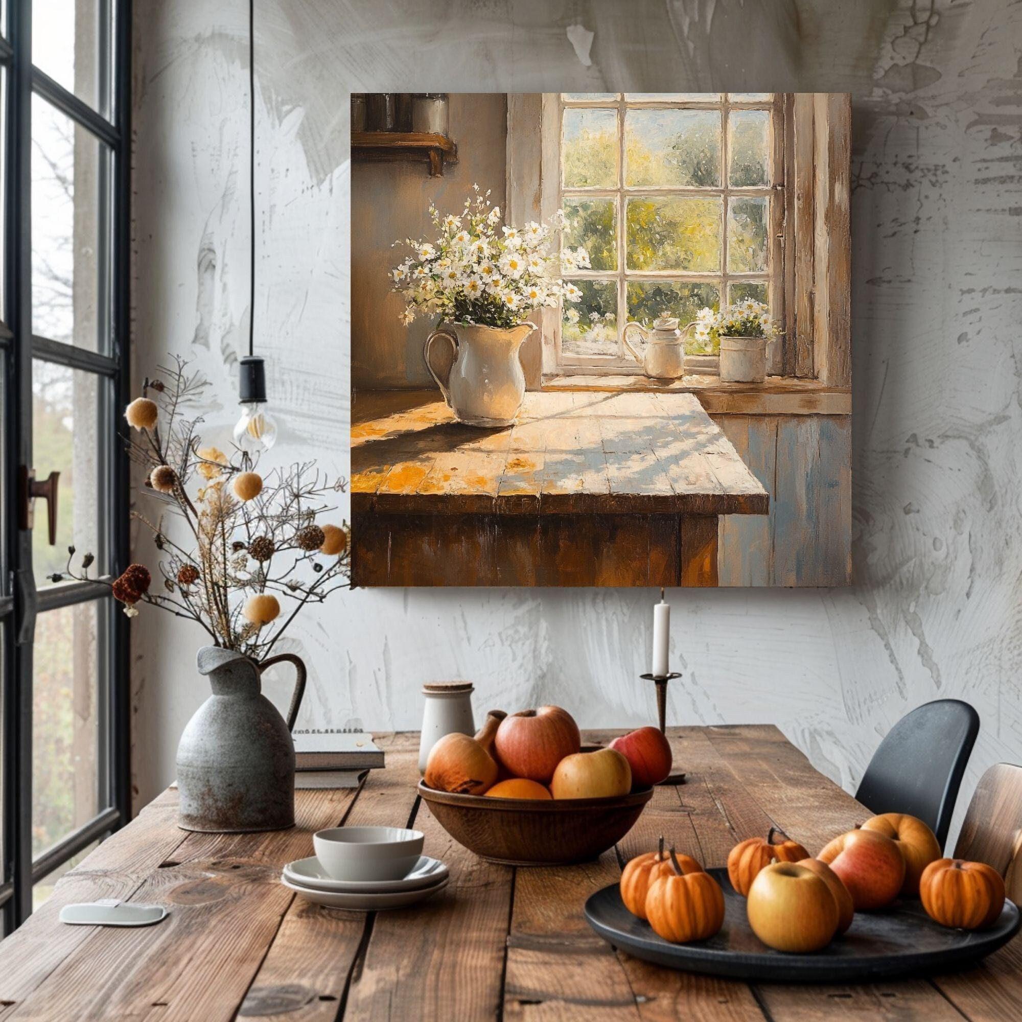 Rustic Farmhouse Kitchen Canvas Art, Sunlit Farmhouse Decor, Country Kitchen Scene, Rustic Kitchen Canvas, White Daisies Watercolor Art