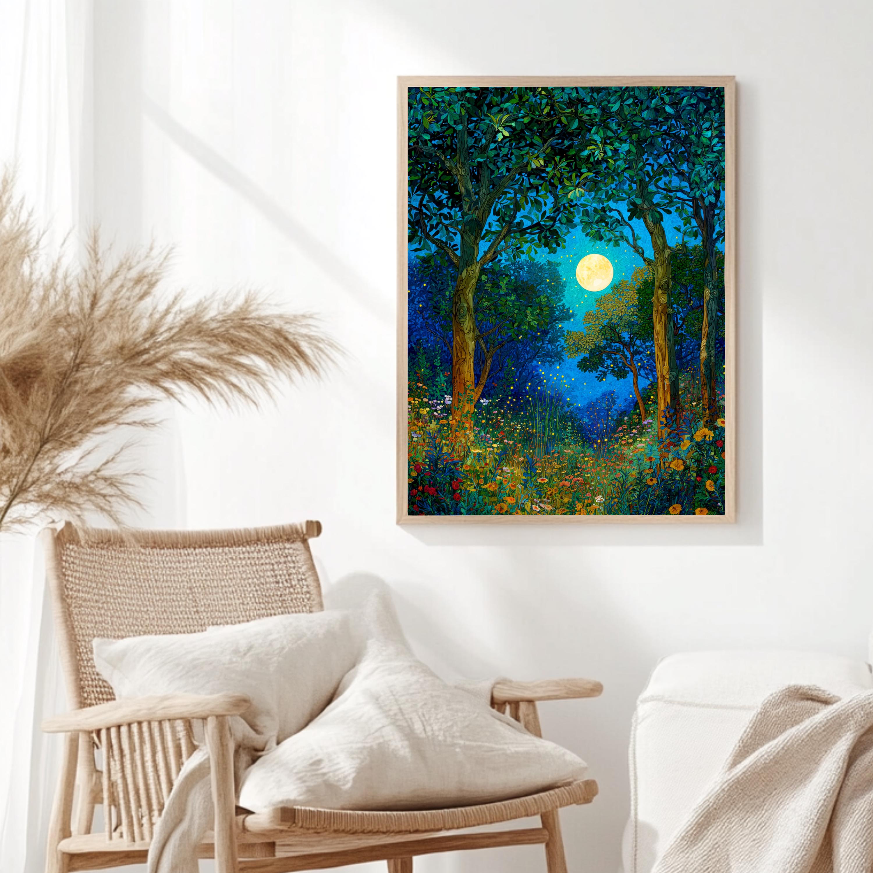 Mystical Forest Wall Art, William Morris Style Canvas, Full Moon Wildflower Meadow Decor, Enchanted Nature Scene, Gift for Nature Lovers