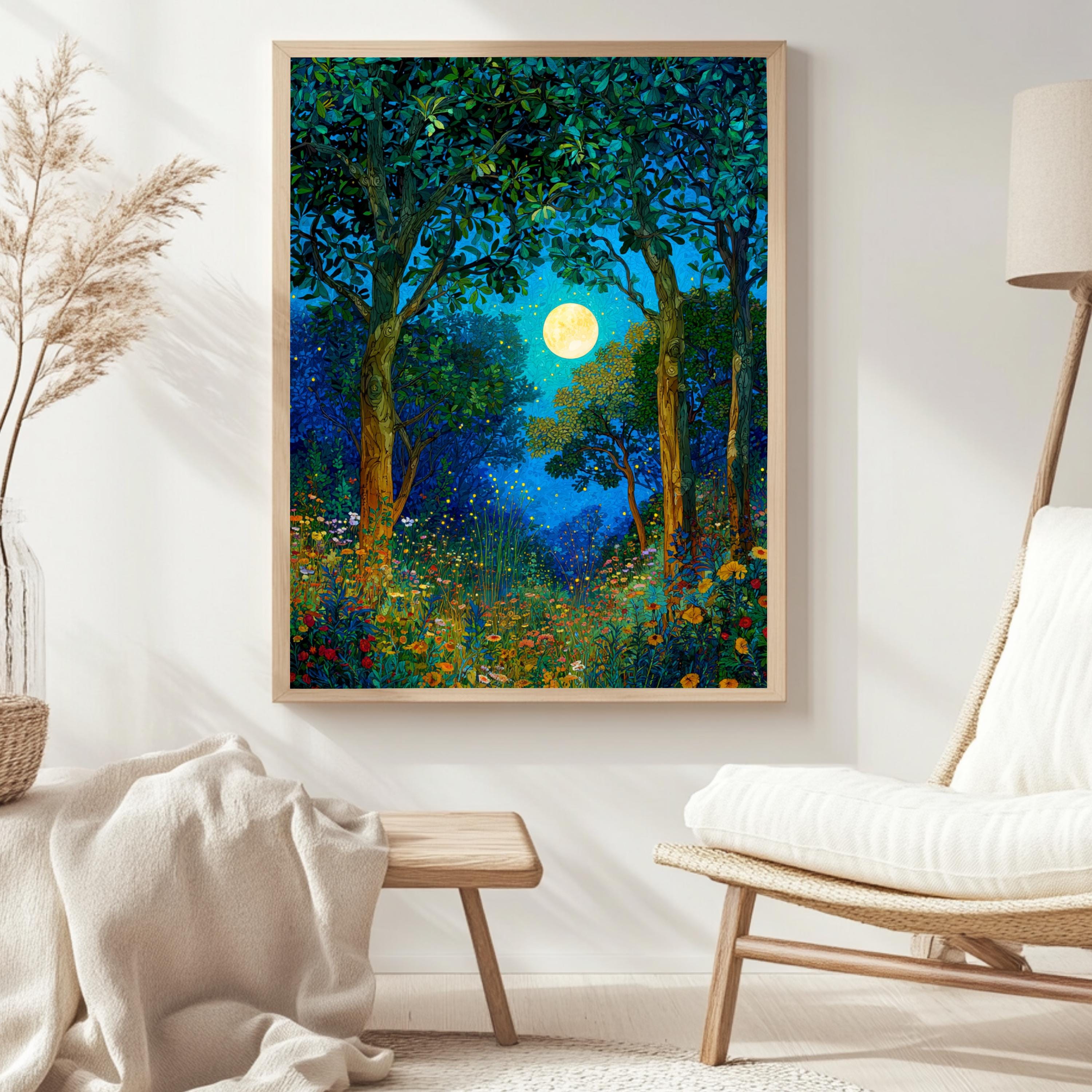 Mystical Forest Wall Art, William Morris Style Canvas, Full Moon Wildflower Meadow Decor, Enchanted Nature Scene, Gift for Nature Lovers