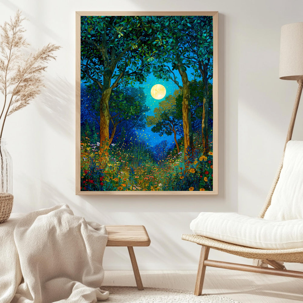 Mystical Forest Wall Art, William Morris Style Canvas, Full Moon Wildflower Meadow Decor, Enchanted Nature Scene, Gift for Nature Lovers