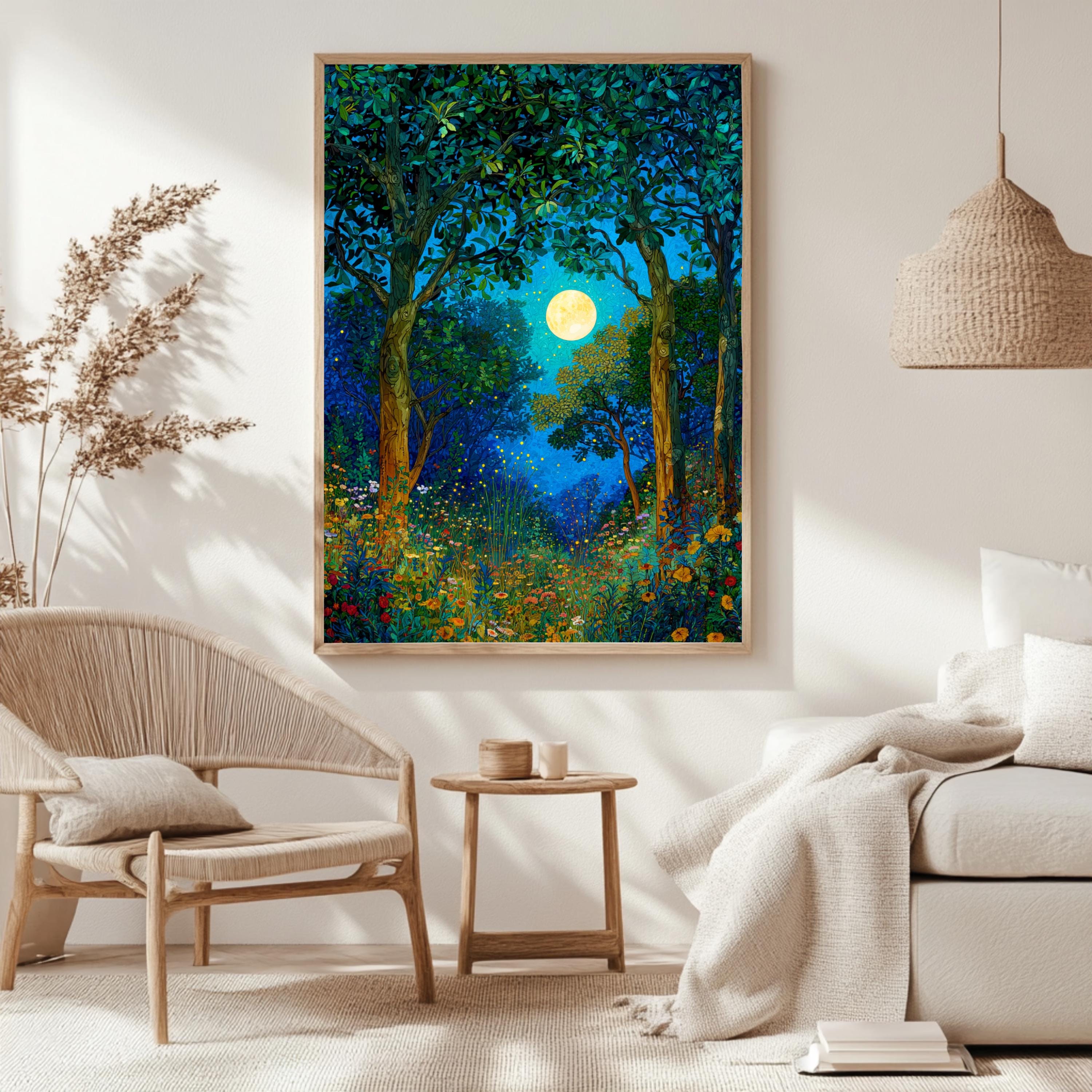 Mystical Forest Wall Art, William Morris Style Canvas, Full Moon Wildflower Meadow Decor, Enchanted Nature Scene, Gift for Nature Lovers