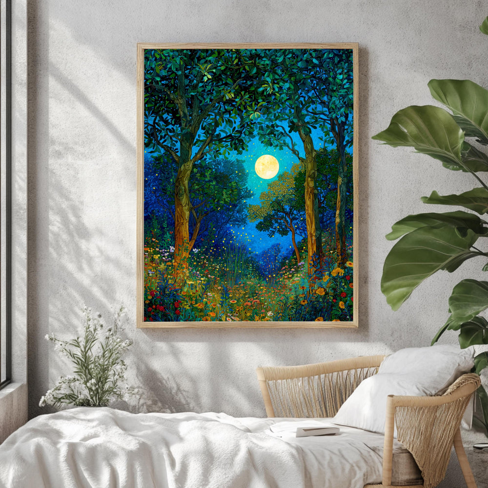 Mystical Forest Wall Art, William Morris Style Canvas, Full Moon Wildflower Meadow Decor, Enchanted Nature Scene, Gift for Nature Lovers