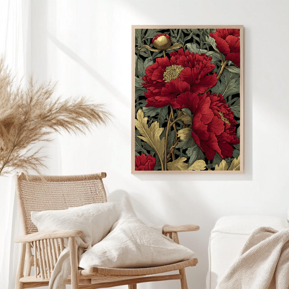 Red Peony Flower Wall Art, William Morris Style Floral Canvas, Vintage Botanical Print, Romantic Nature Decor, Gift for Flower Lovers
