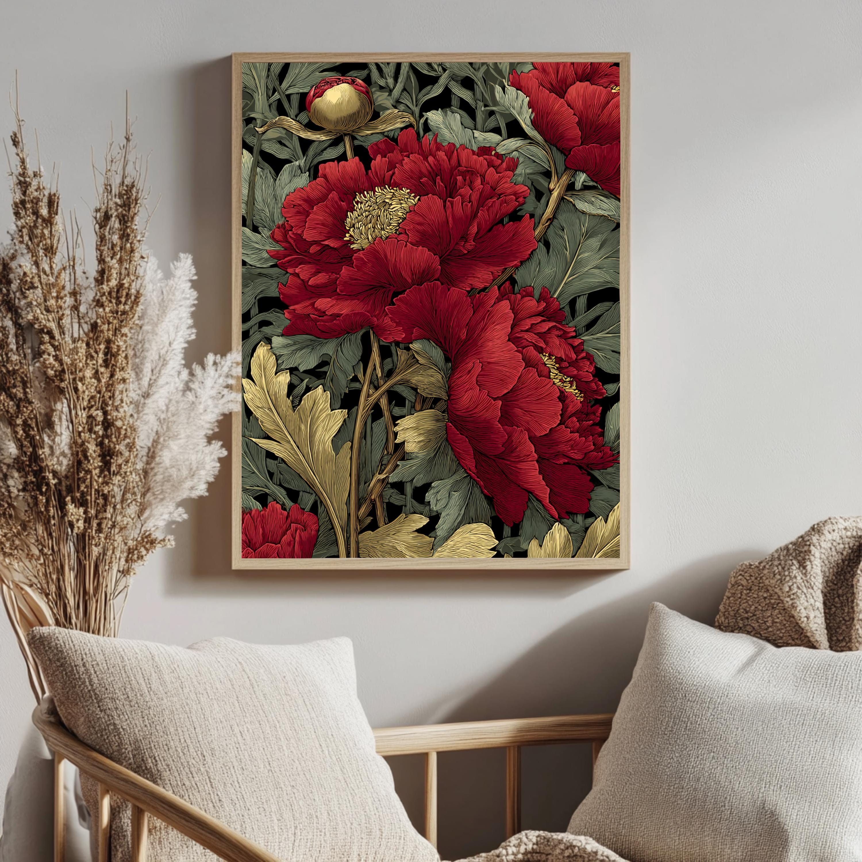 Red Peony Flower Wall Art, William Morris Style Floral Canvas, Vintage Botanical Print, Romantic Nature Decor, Gift for Flower Lovers