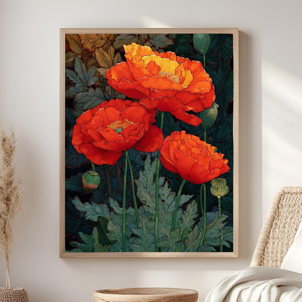 Red Poppy Wall Art, William Morris Style Floral Canvas, Bold Botanical Flower Decor, Cottagecore Garden Print, Gift for Flower Lovers