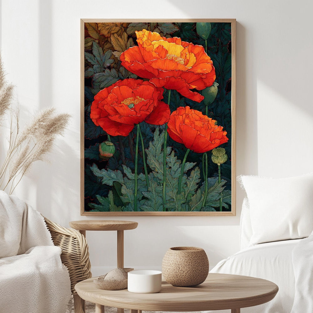 Red Poppy Wall Art, William Morris Style Floral Canvas, Bold Botanical Flower Decor, Cottagecore Garden Print, Gift for Flower Lovers