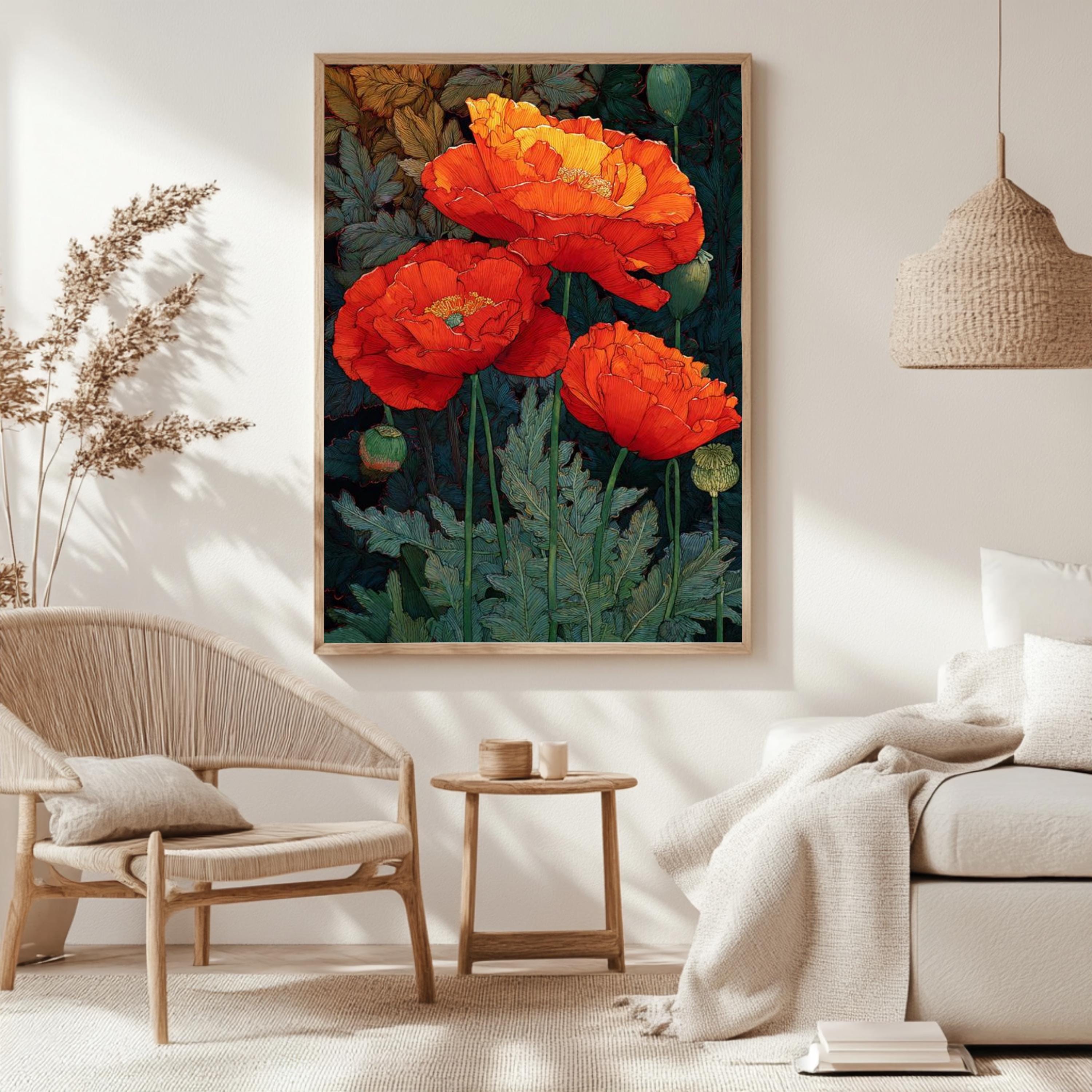 Red Poppy Wall Art, William Morris Style Floral Canvas, Bold Botanical Flower Decor, Cottagecore Garden Print, Gift for Flower Lovers