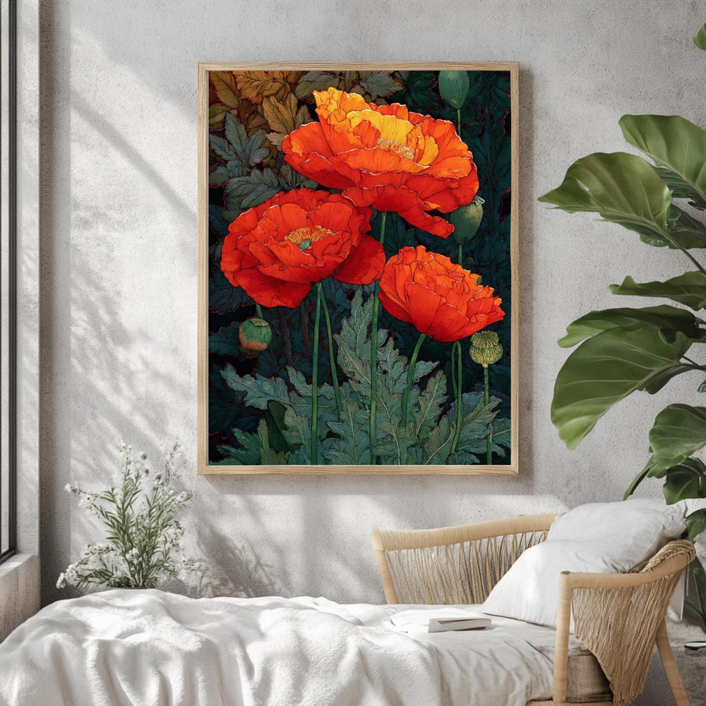 Red Poppy Wall Art, William Morris Style Floral Canvas, Bold Botanical Flower Decor, Cottagecore Garden Print, Gift for Flower Lovers