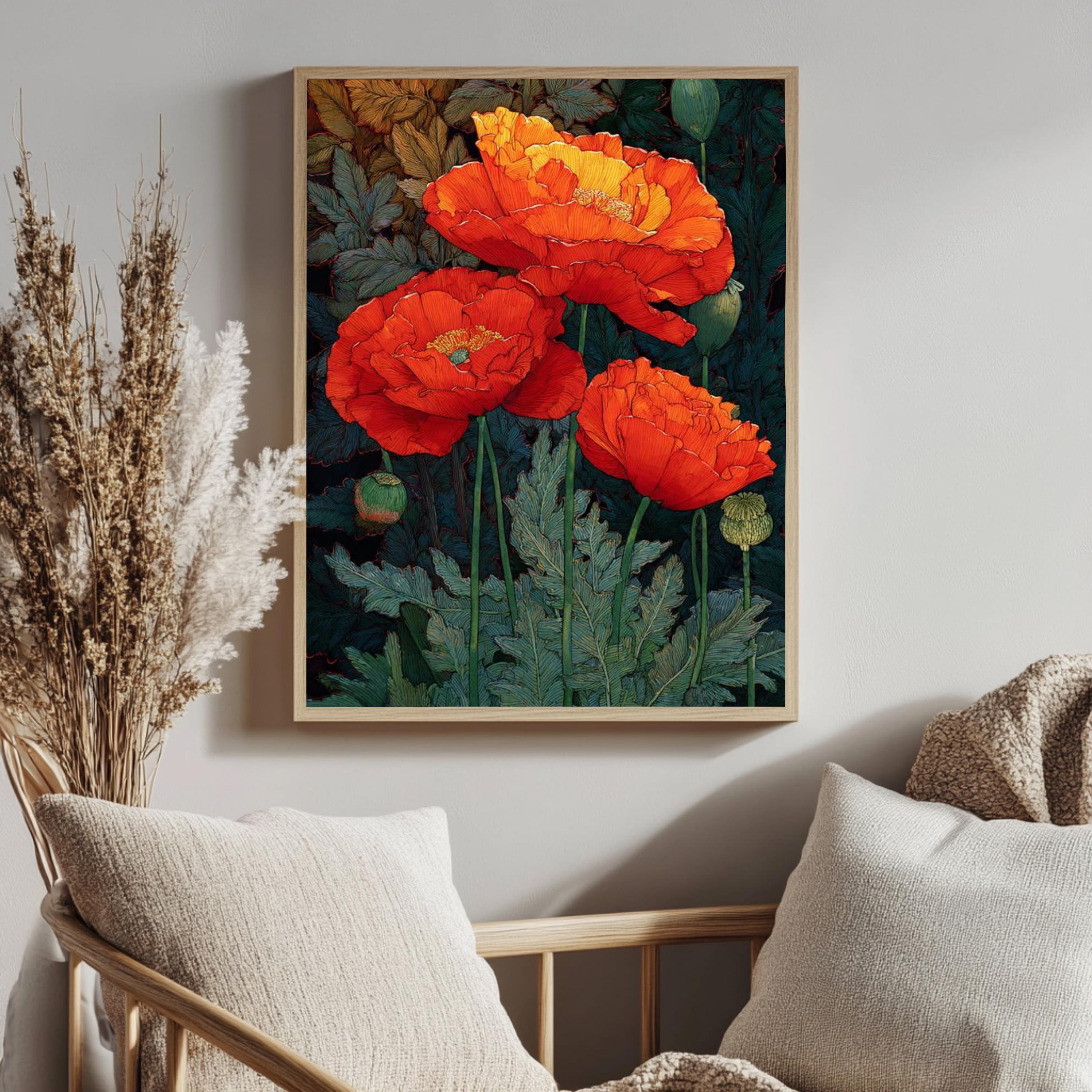 Red Poppy Wall Art, William Morris Style Floral Canvas, Bold Botanical Flower Decor, Cottagecore Garden Print, Gift for Flower Lovers