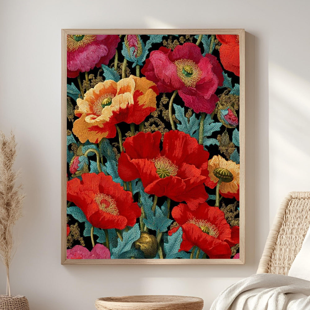 Red Poppy Wall Art, William Morris Style Floral Canvas, Bold Botanical Print, Vintage Flower Decor, Gift for Gardeners or Art Lovers