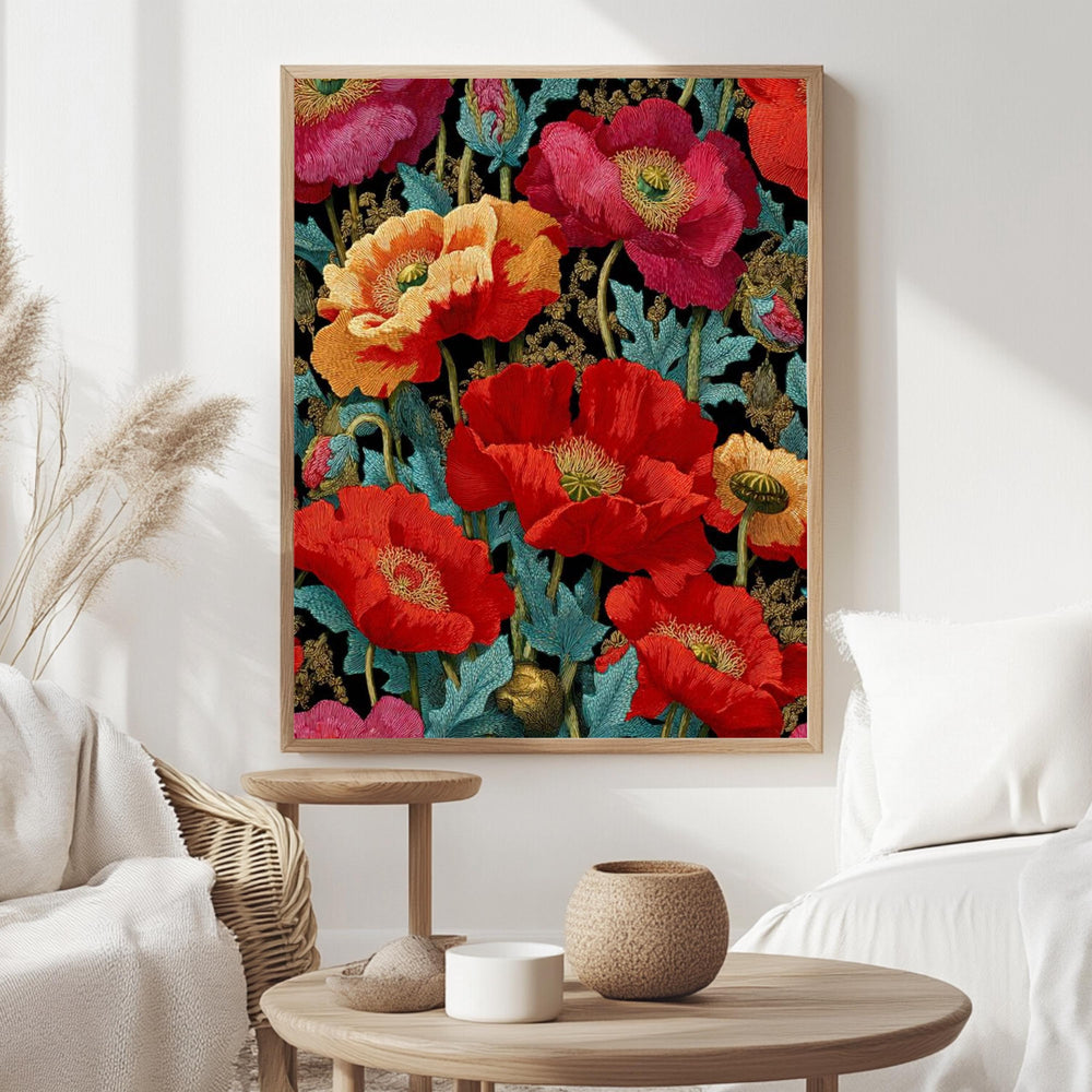 Red Poppy Wall Art, William Morris Style Floral Canvas, Bold Botanical Print, Vintage Flower Decor, Gift for Gardeners or Art Lovers