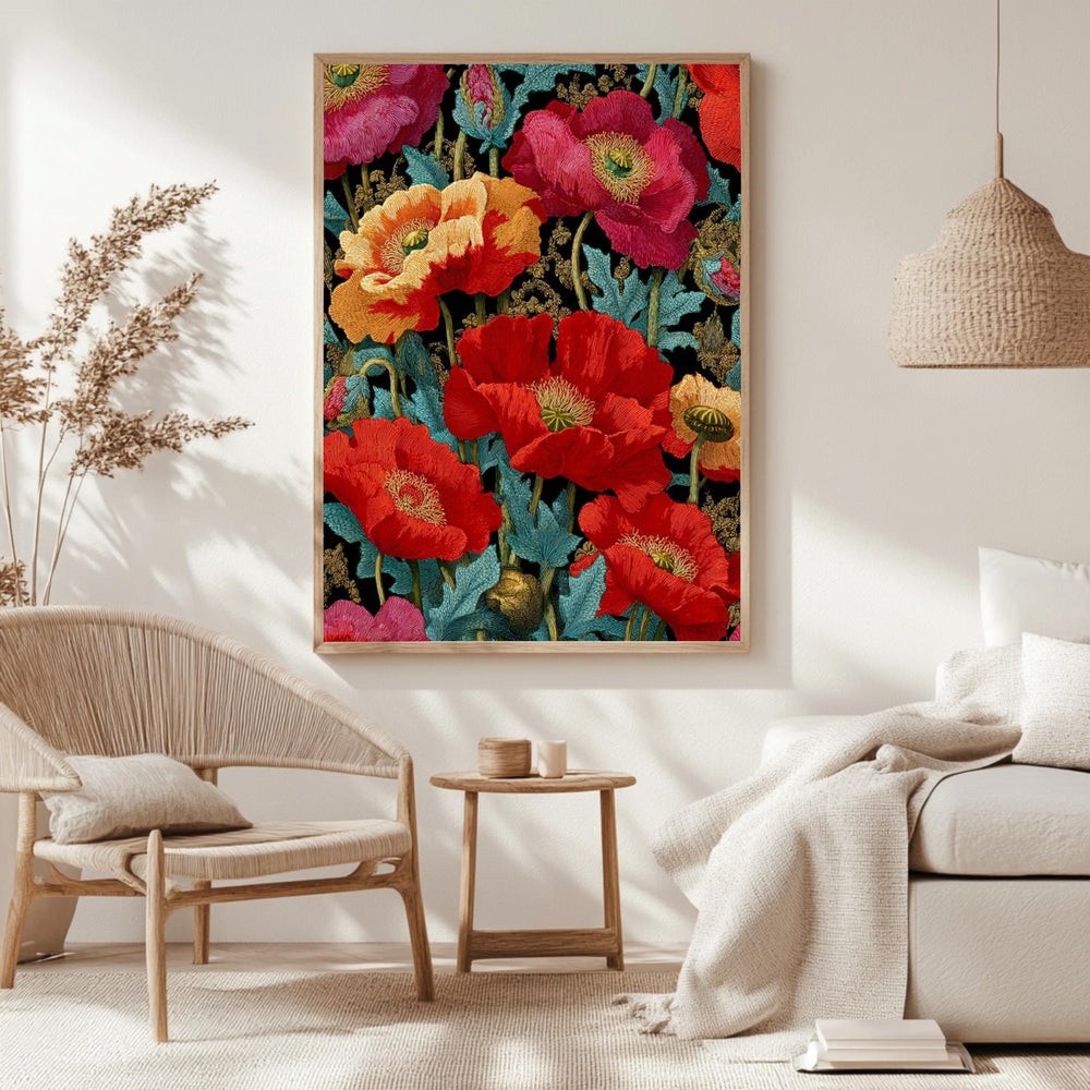 Red Poppy Wall Art, William Morris Style Floral Canvas, Bold Botanical Print, Vintage Flower Decor, Gift for Gardeners or Art Lovers