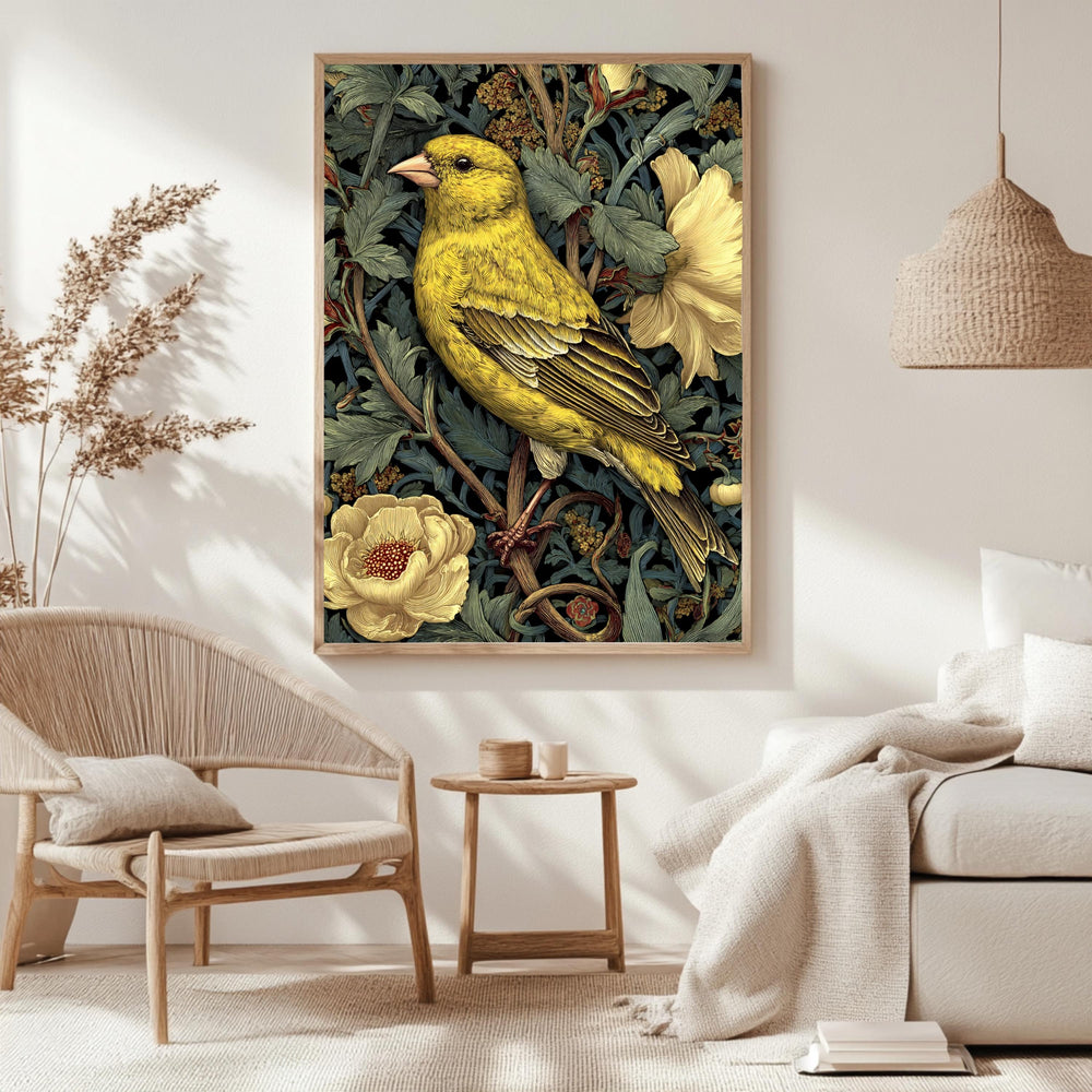 Yellow Finch Wall Art, William Morris Style Bird Canvas, Vintage Floral Nature Print, Cottagecore Home Decor, Gift for Birdwatchers