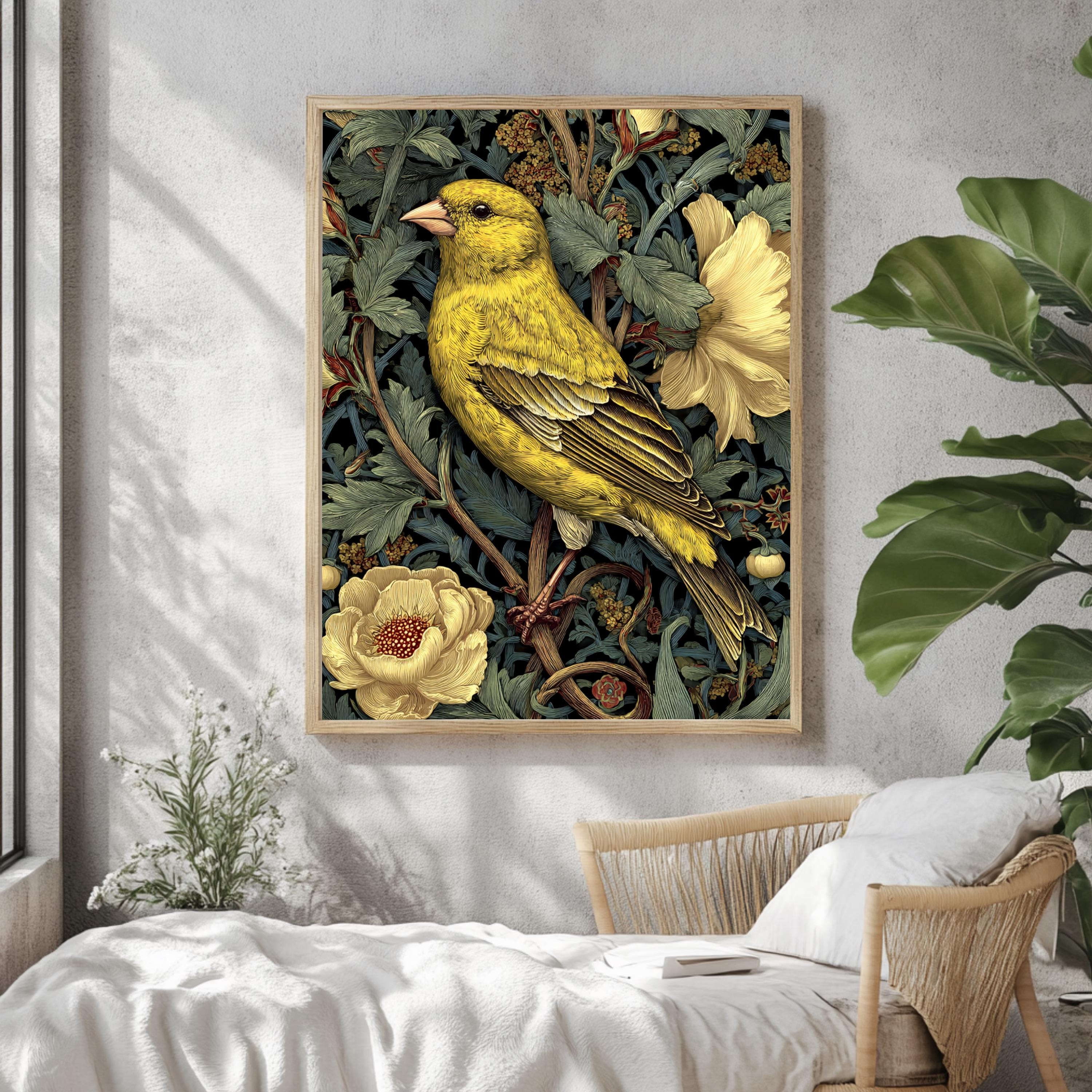 Yellow Finch Wall Art, William Morris Style Bird Canvas, Vintage Floral Nature Print, Cottagecore Home Decor, Gift for Birdwatchers