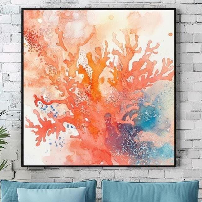 Abstract Orange Coral Reef Wall Art Canvas, Black Framed Wall Art, Large Wall Art, Coastal Wall Art, Beachy Wall Art, Coral Canvas