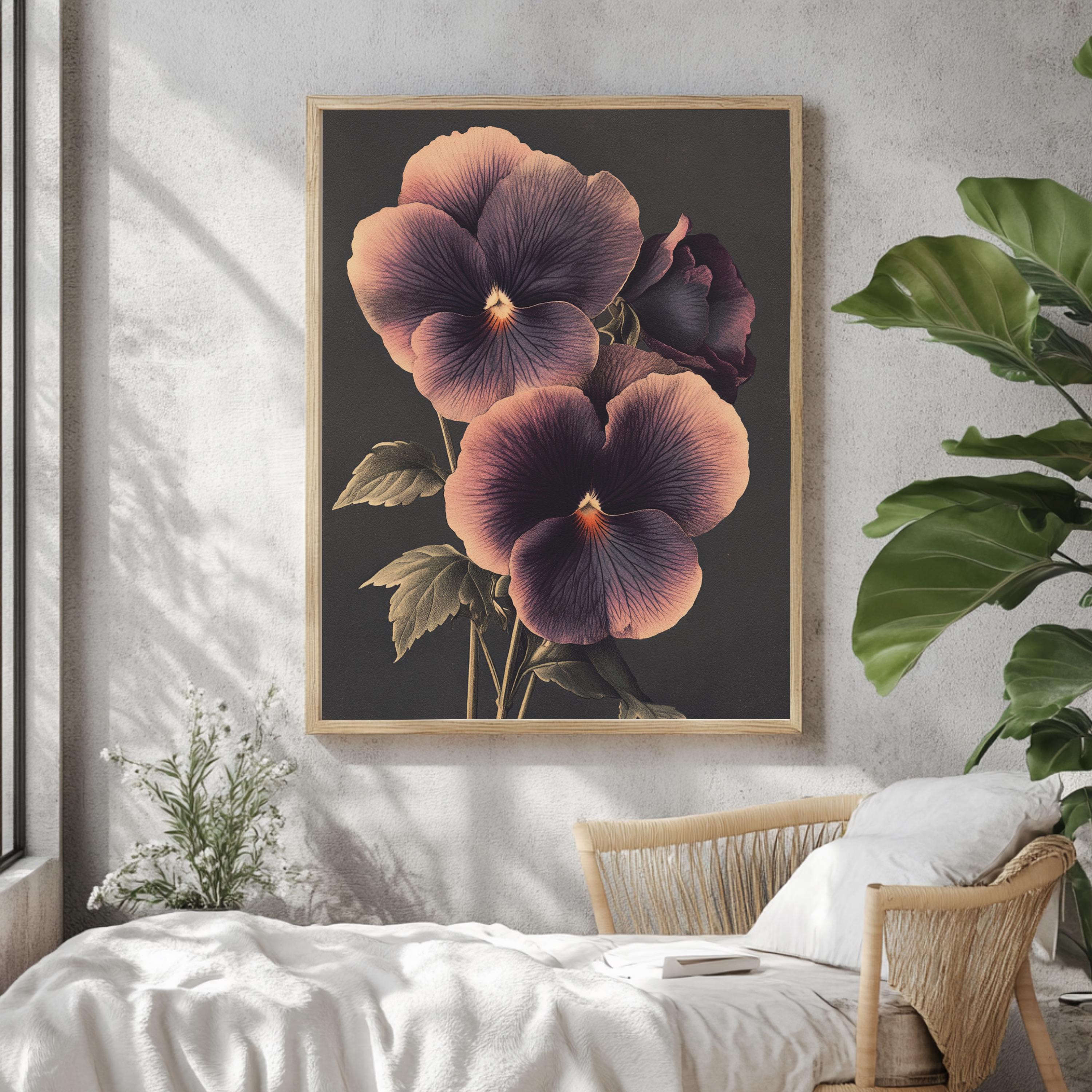 Vintage Pansy Wall Art, Botanical Flower Poster Print, Floral Canvas, Framed Garden-Inspired Art, Nature-Inspired Poster, Floral Wall Decor