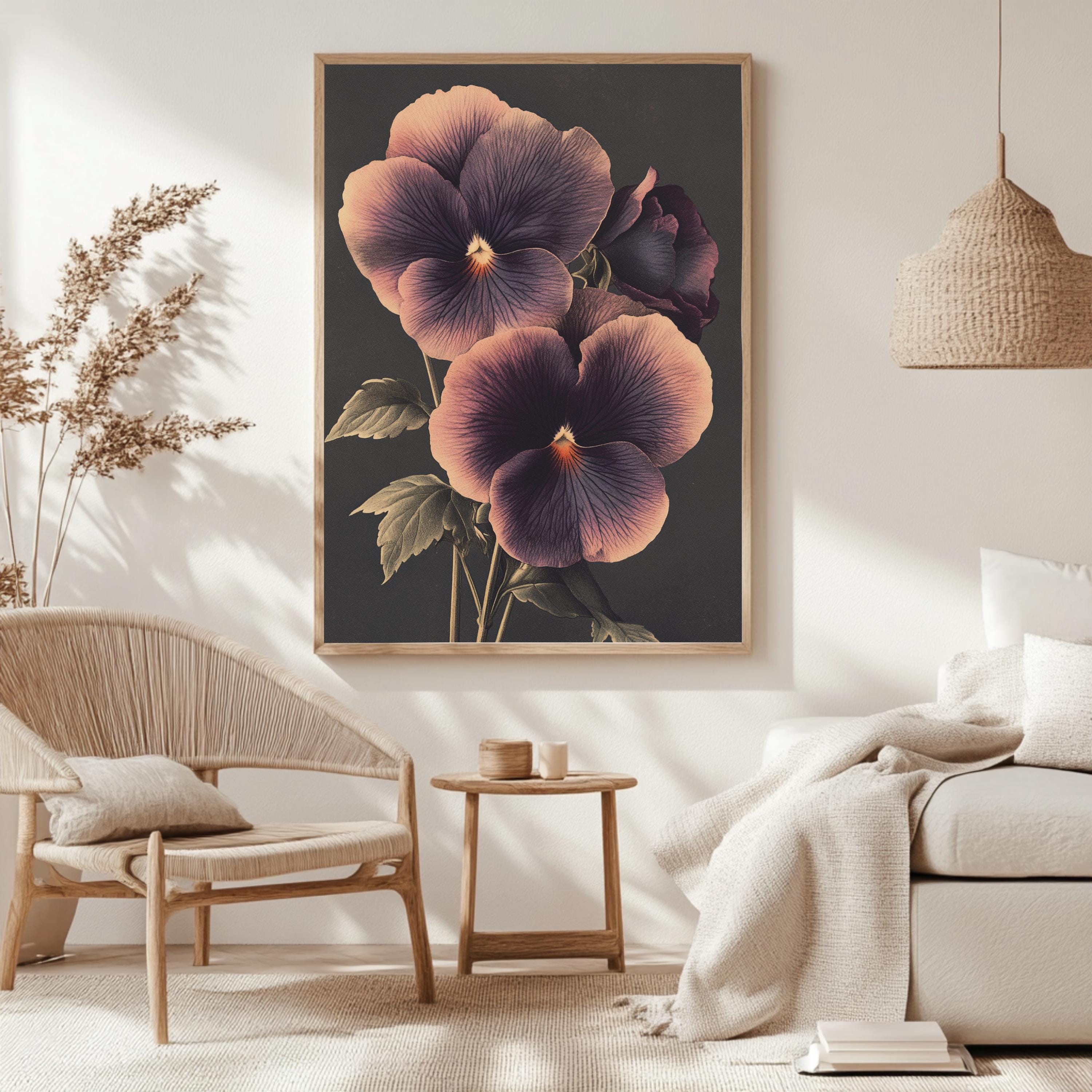 Vintage Pansy Wall Art, Botanical Flower Poster Print, Floral Canvas, Framed Garden-Inspired Art, Nature-Inspired Poster, Floral Wall Decor