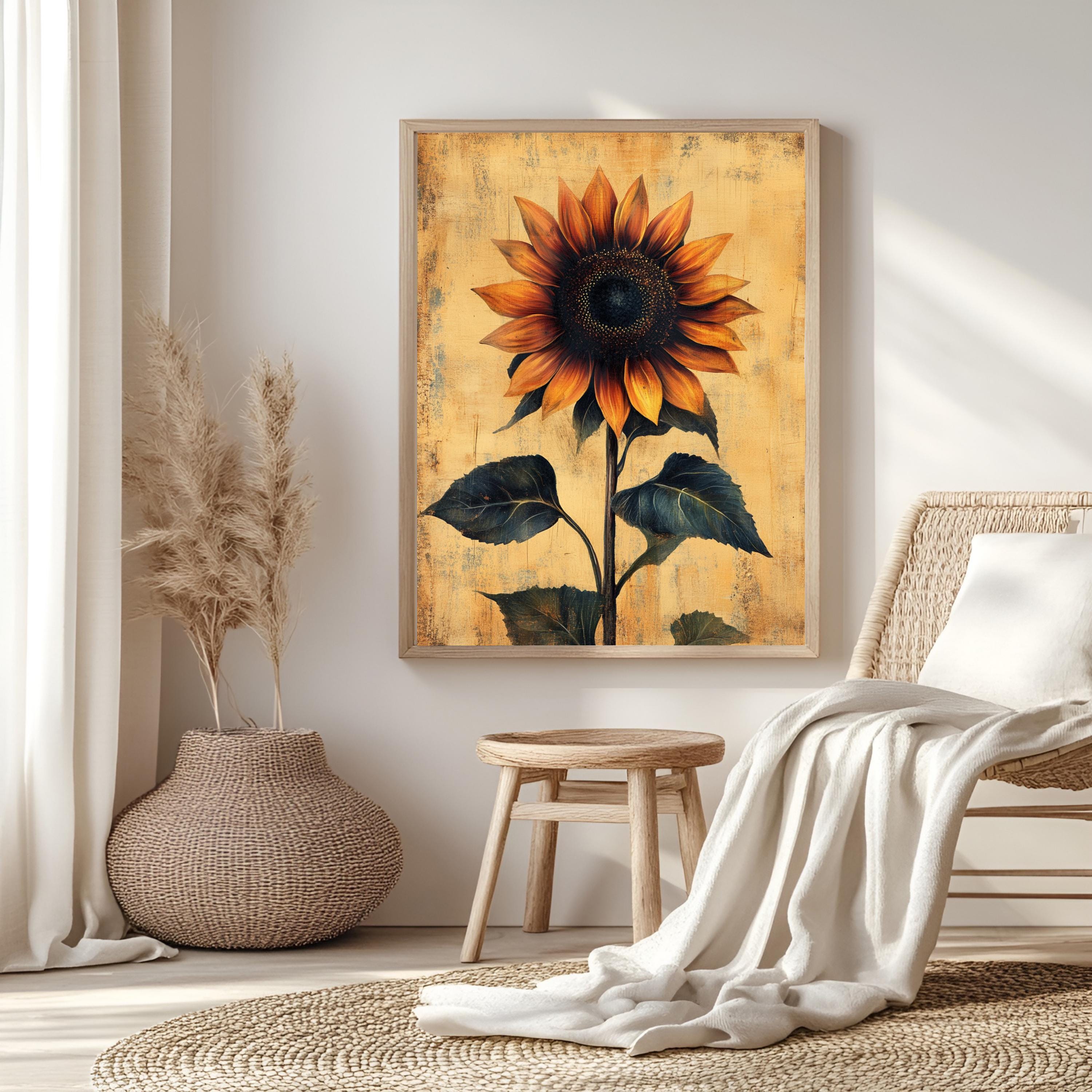 Vintage Sunflower Wall Art, Botanical Poster Print, Rustic Farmhouse Canvas, Framed Floral Wall Accent for Home, Country Garden Poster