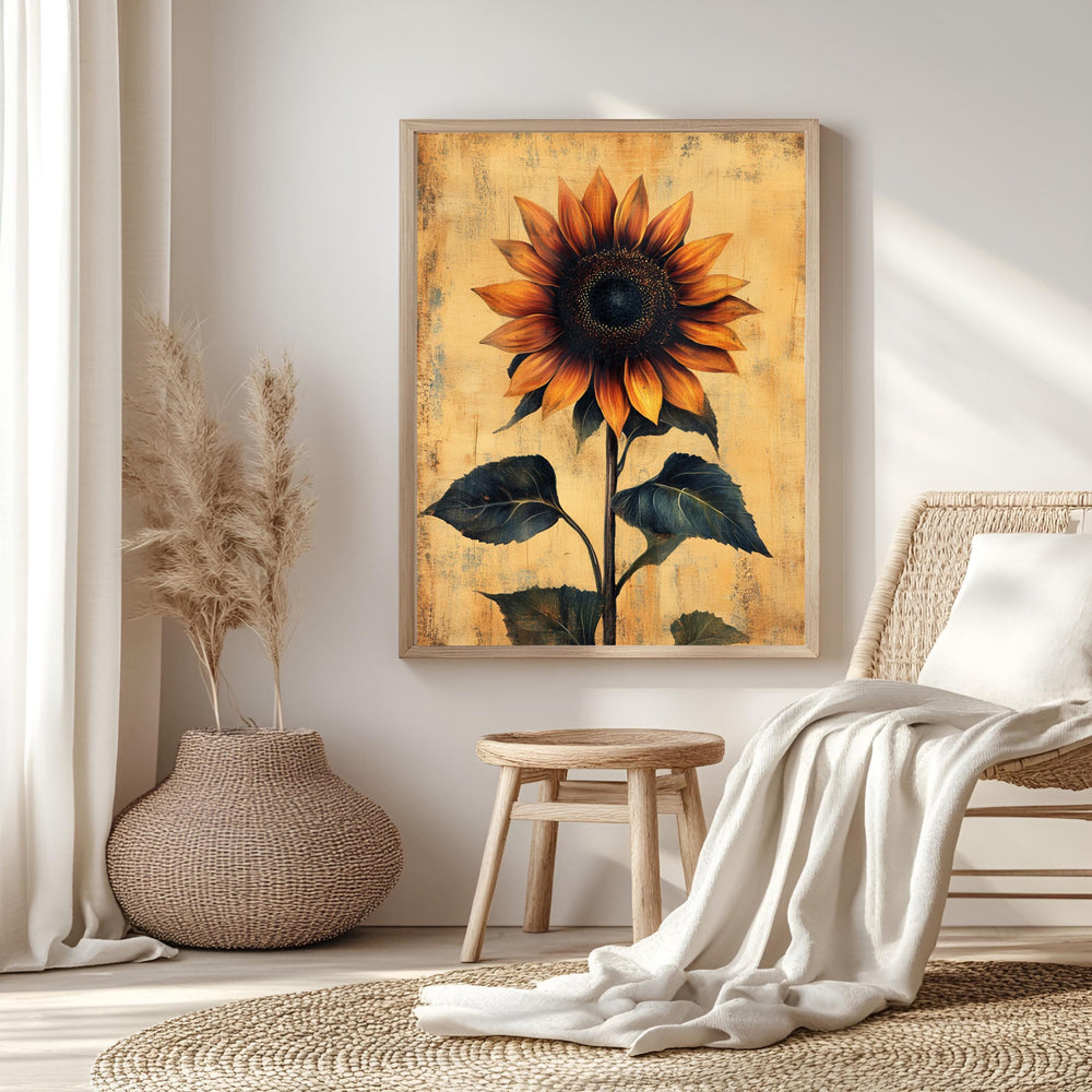Vintage Sunflower Wall Art, Botanical Poster Print, Rustic Farmhouse Canvas, Framed Floral Wall Accent for Home, Country Garden Poster