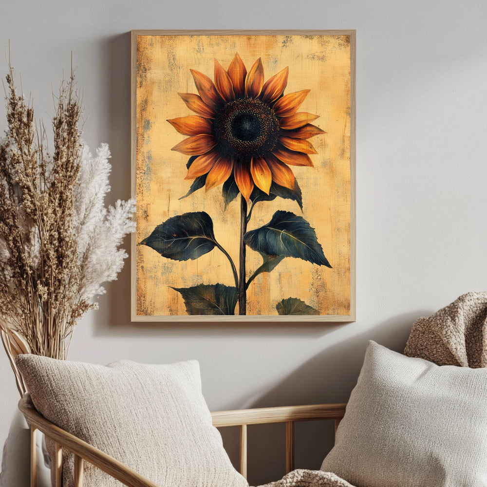 Vintage Sunflower Wall Art, Botanical Poster Print, Rustic Farmhouse Canvas, Framed Floral Wall Accent for Home, Country Garden Poster