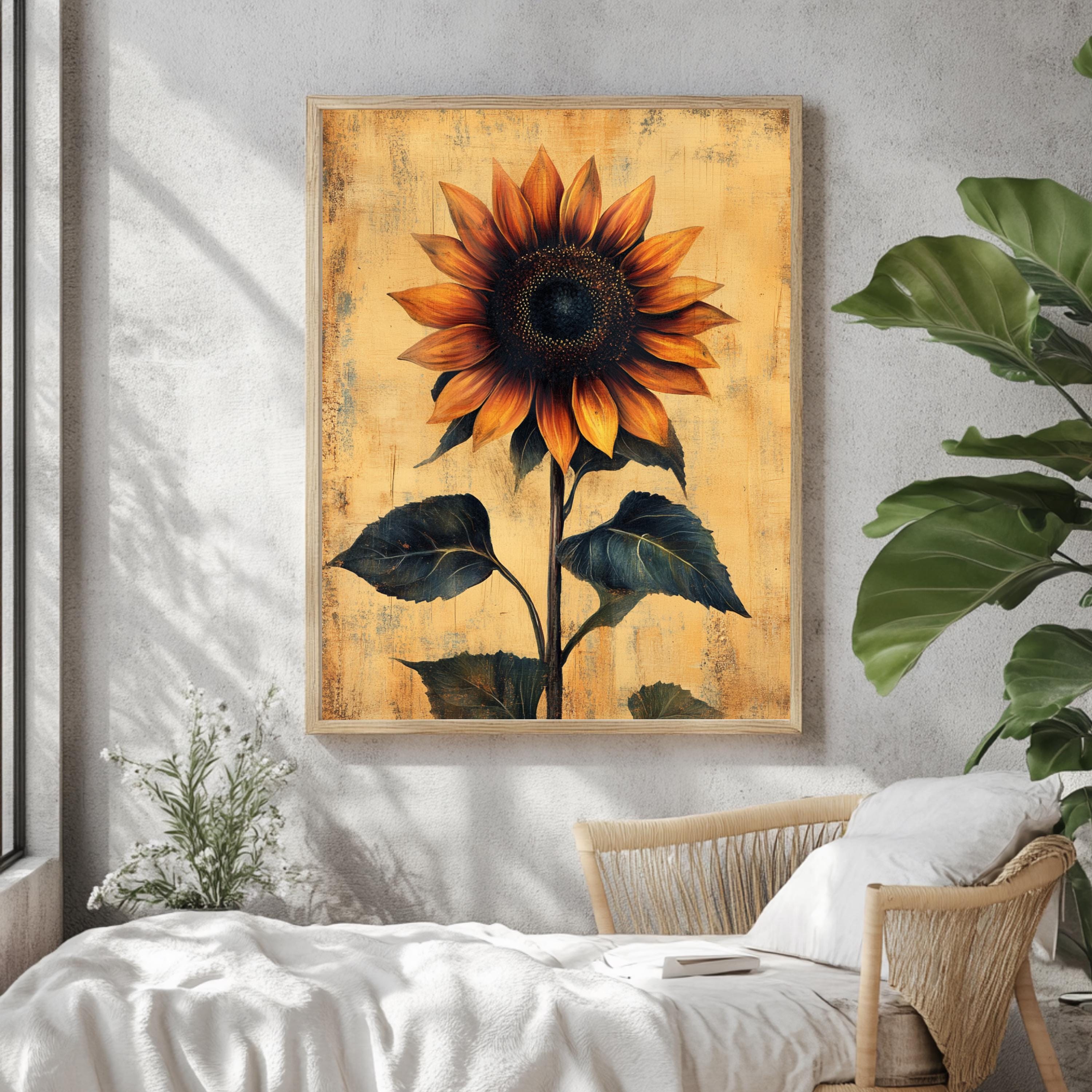 Vintage Sunflower Wall Art, Botanical Poster Print, Rustic Farmhouse Canvas, Framed Floral Wall Accent for Home, Country Garden Poster