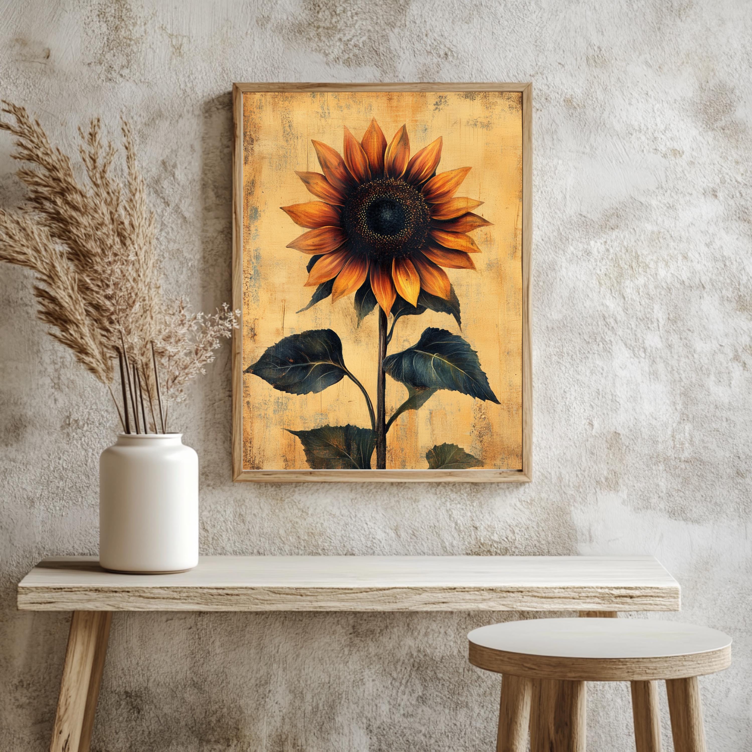 Vintage Sunflower Wall Art, Botanical Poster Print, Rustic Farmhouse Canvas, Framed Floral Wall Accent for Home, Country Garden Poster