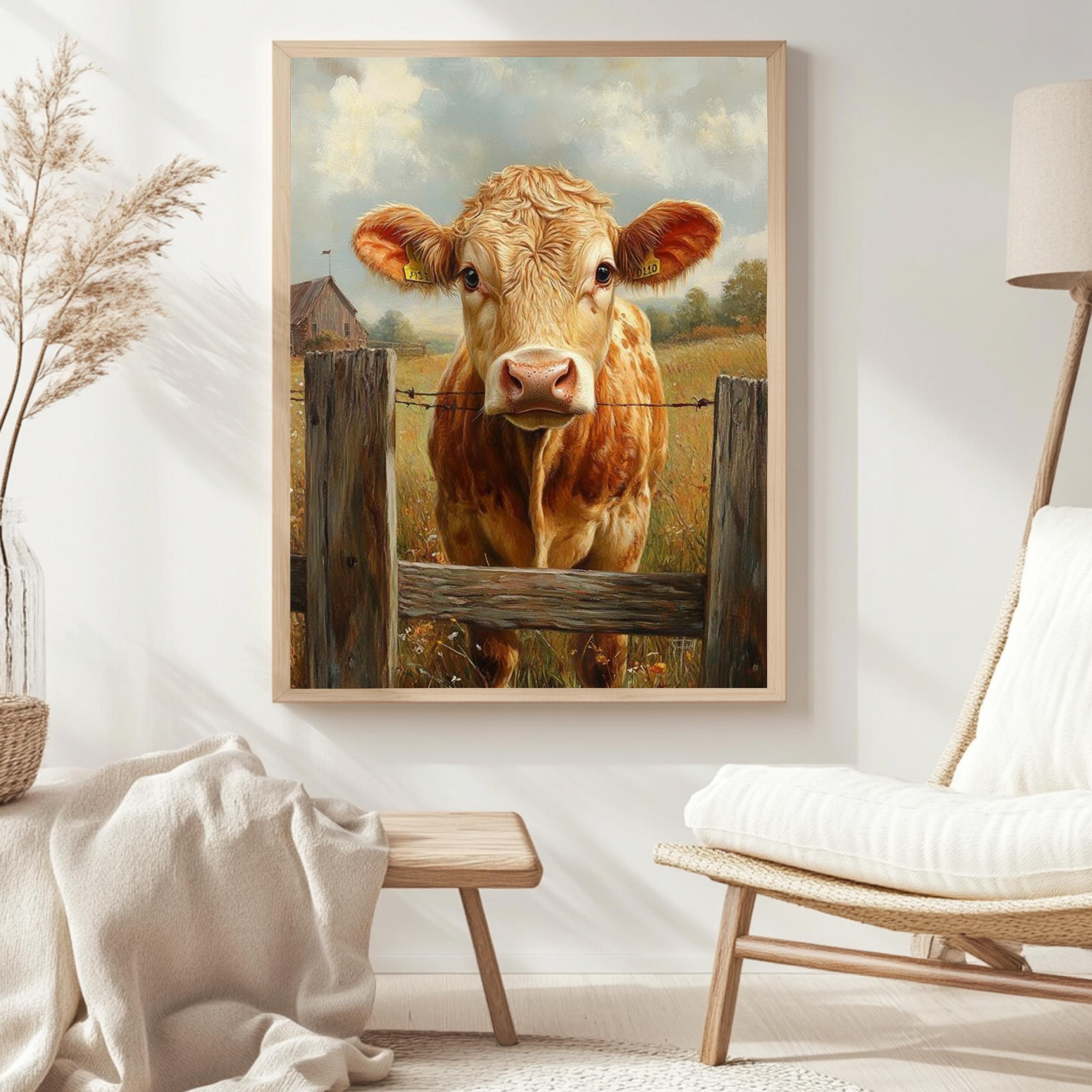 Vintage Farmhouse Cow Canvas, Rustic Country Poster Print, Framed Cow Wall Art, Antique Animal Decor for Kitchen or Home, Farmhouse Decor