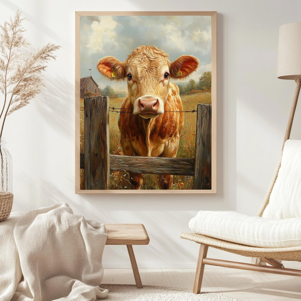 Vintage Farmhouse Cow Canvas, Rustic Country Poster Print, Framed Cow Wall Art, Antique Animal Decor for Kitchen or Home, Farmhouse Decor