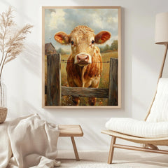 Vintage Farmhouse Cow Canvas, Rustic Country Poster Print, Framed Cow Wall Art, Antique Animal Decor for Kitchen or Home, Farmhouse Decor