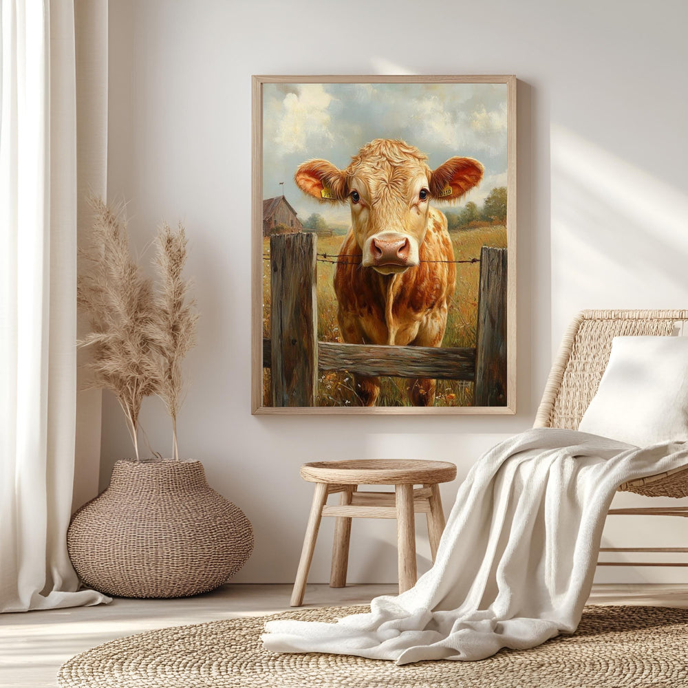 Vintage Farmhouse Cow Canvas, Rustic Country Poster Print, Framed Cow Wall Art, Antique Animal Decor for Kitchen or Home, Farmhouse Decor