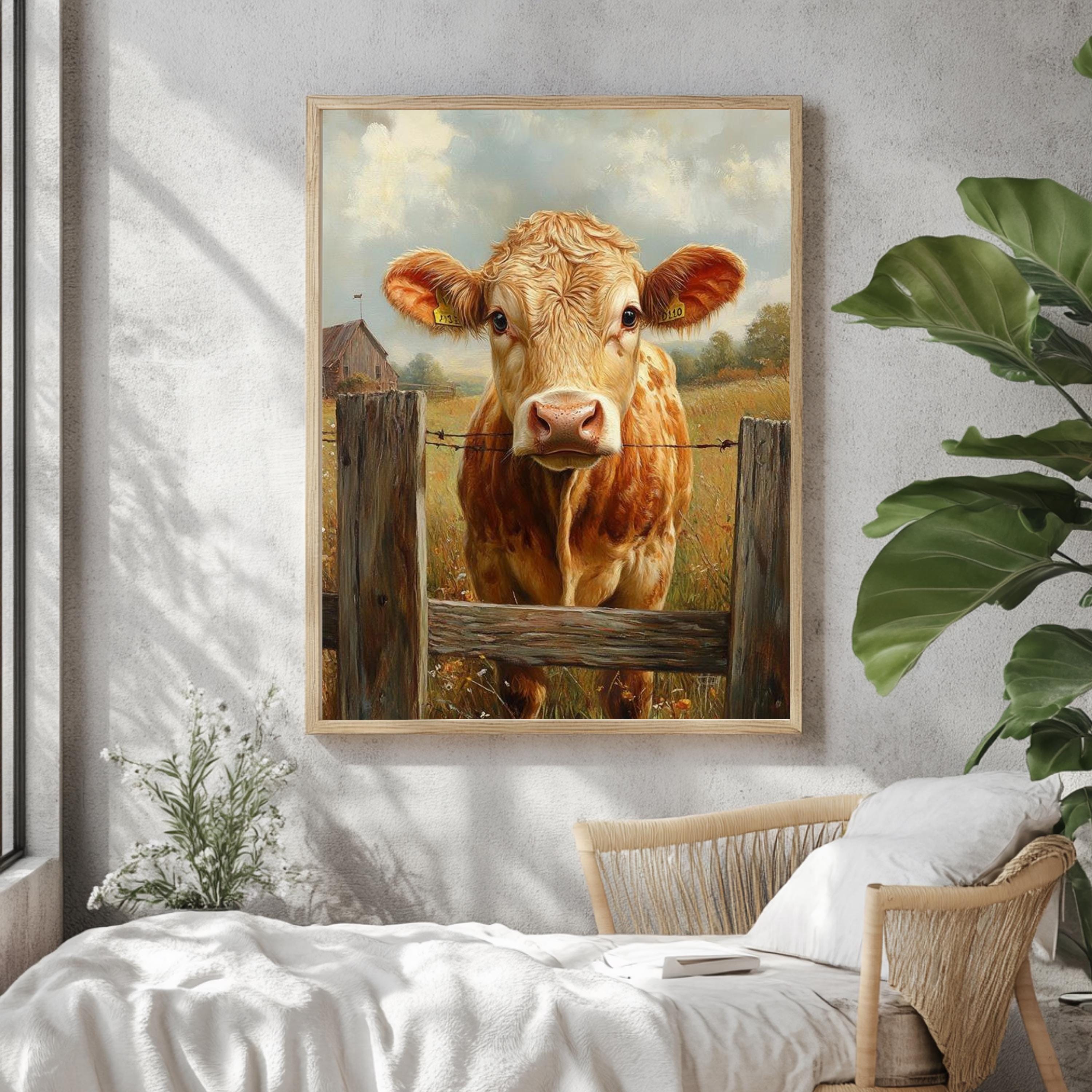 Vintage Farmhouse Cow Canvas, Rustic Country Poster Print, Framed Cow Wall Art, Antique Animal Decor for Kitchen or Home, Farmhouse Decor