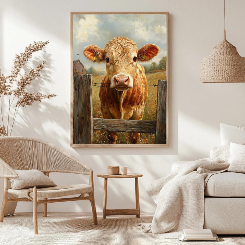 Vintage Farmhouse Cow Canvas, Rustic Country Poster Print, Framed Cow Wall Art, Antique Animal Decor for Kitchen or Home, Farmhouse Decor