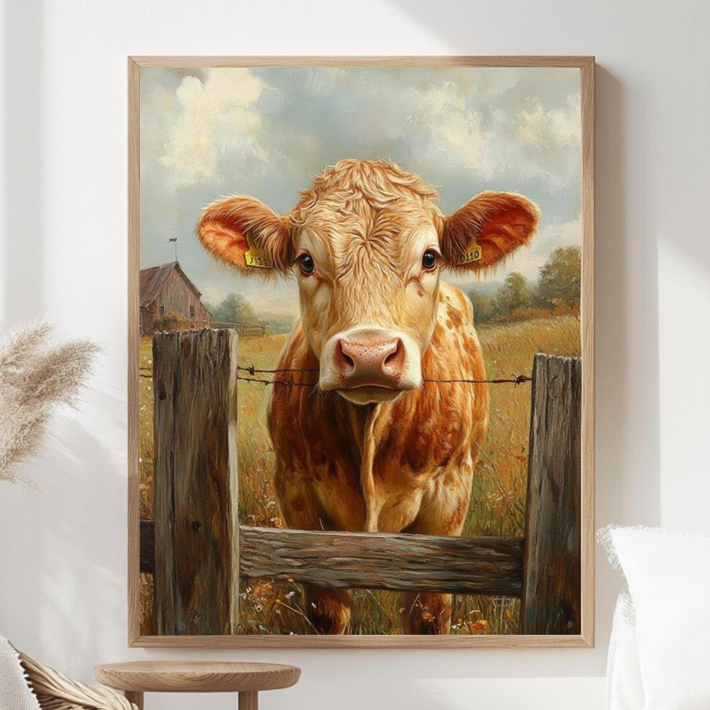 Vintage Farmhouse Cow Canvas, Rustic Country Poster Print, Framed Cow Wall Art, Antique Animal Decor for Kitchen or Home, Farmhouse Decor