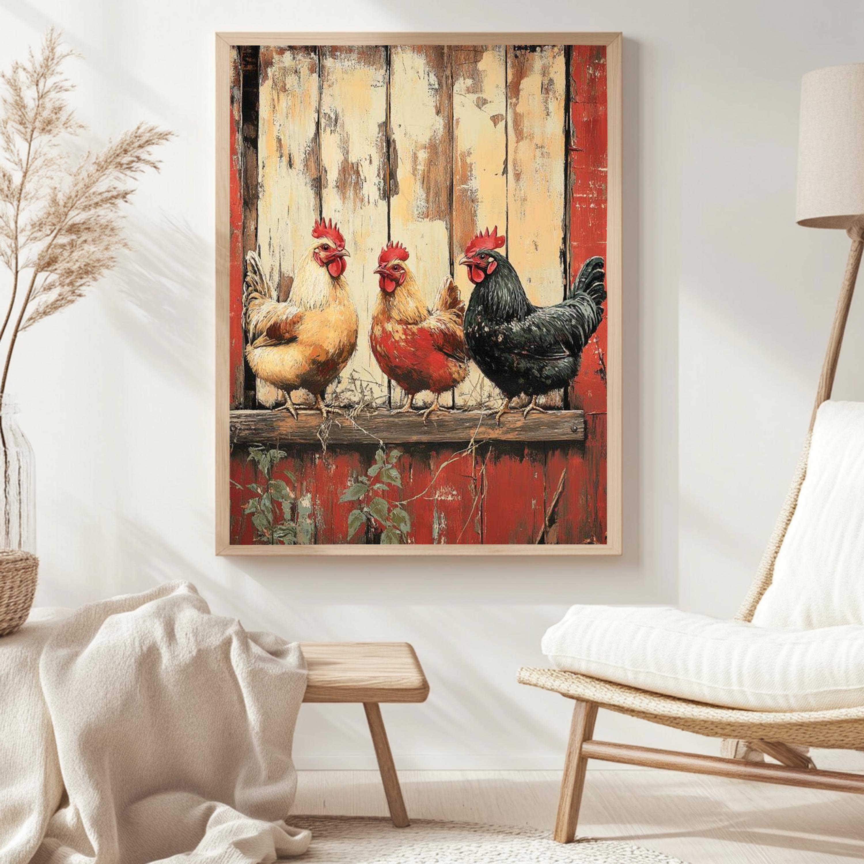 Vintage Chickens Wall Art, Farm Animal Poster Print, Rustic Country Canvas, Framed Barnyard Decor for Farmhouse Kitchen or Home, Nature Art
