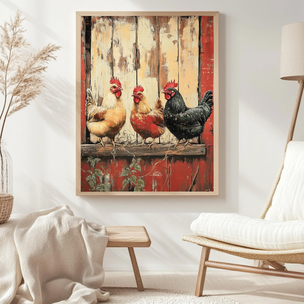 Vintage Chickens Wall Art, Farm Animal Poster Print, Rustic Country Canvas, Framed Barnyard Decor for Farmhouse Kitchen or Home, Nature Art